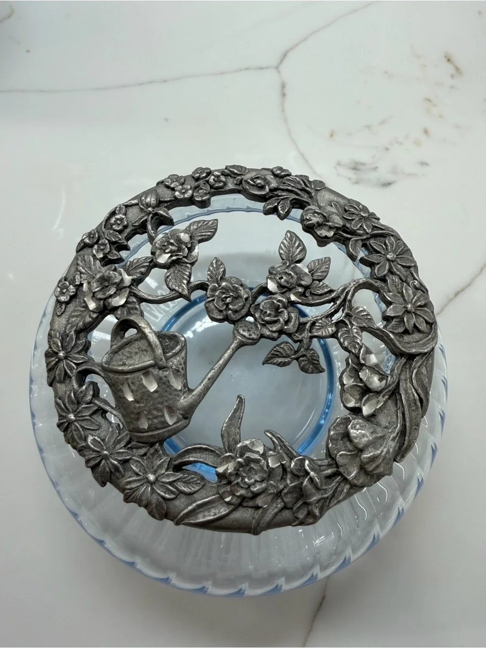 Vintage 1996 Rawcliffe Pewter &Ice blue glass Potpourri jar bowl